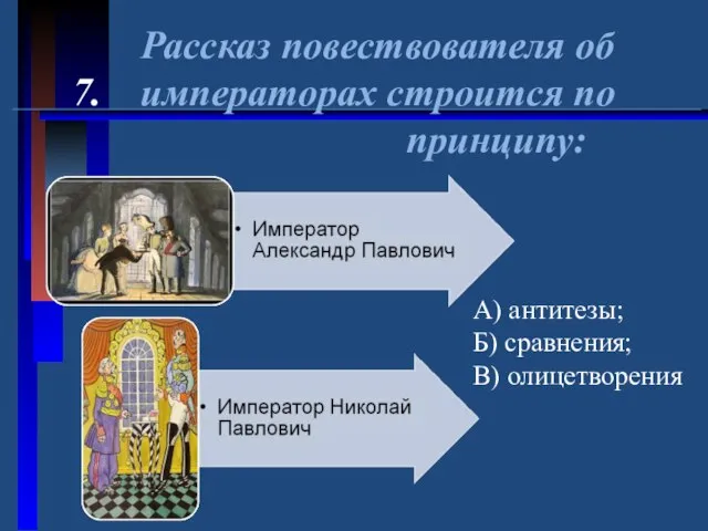 Рассказ повествователя об 7. императорах строится по принципу: А) антитезы; Б) сравнения; В) олицетворения