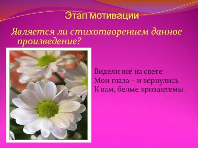 Этап мотивации Является ли стихотворением данное произведение? Видели всё на свете Мои