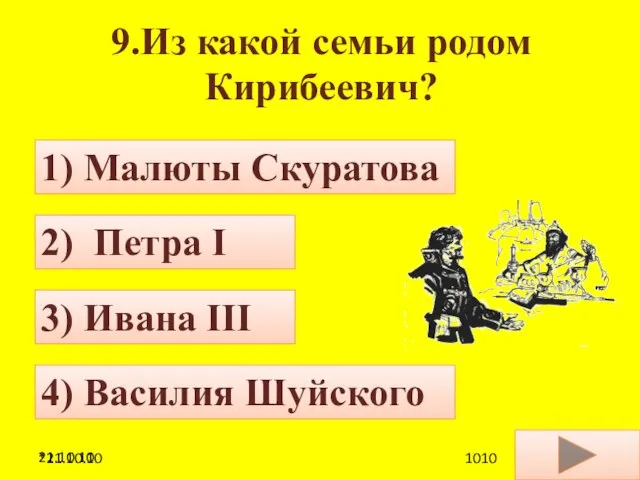 21.10.10 9.Из какой семьи родом Кирибеевич? 4) Василия Шуйского 1) Малюты Скуратова