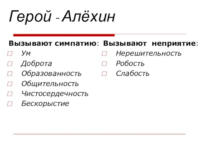 Герой - Алёхин Вызывают симпатию: Ум Доброта Образованность Общительность Чистосердечность Бескорыстие Вызывают неприятие: Нерешительность Робость Слабость