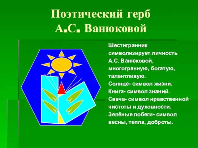 Поэтический герб А.С. Ванюковой Шестигранник символизирует личность А.С. Ванюковой, многогранную, богатую, талантливую.