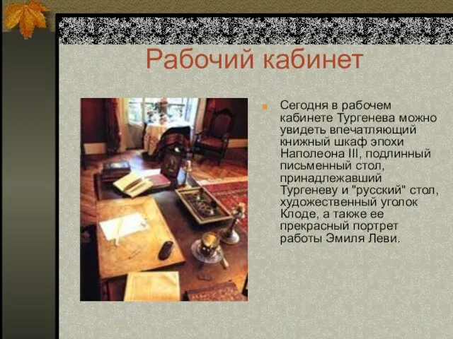 Рабочий кабинет Сегодня в рабочем кабинете Тургенева можно увидеть впечатляющий книжный шкаф