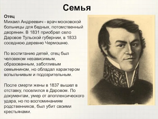 Семья Отец Михаил Андреевич - врач московской больницы для бедных, потомственный дворянин.