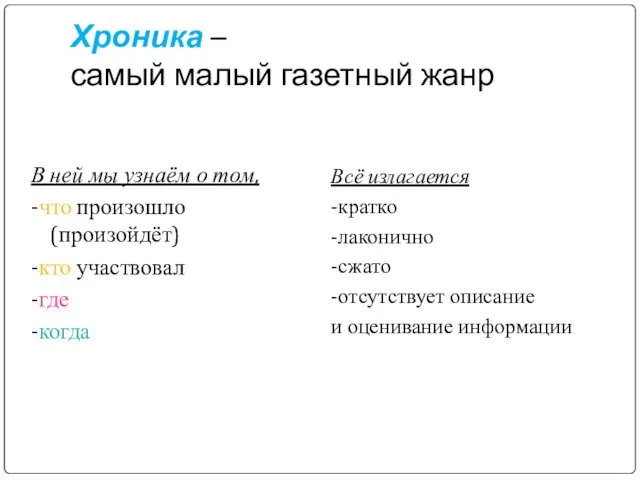 Хроника – самый малый газетный жанр В ней мы узнаём о том,