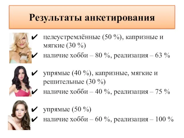 Результаты анкетирования целеустремлённые (50 %), капризные и мягкие (30 %) наличие хобби