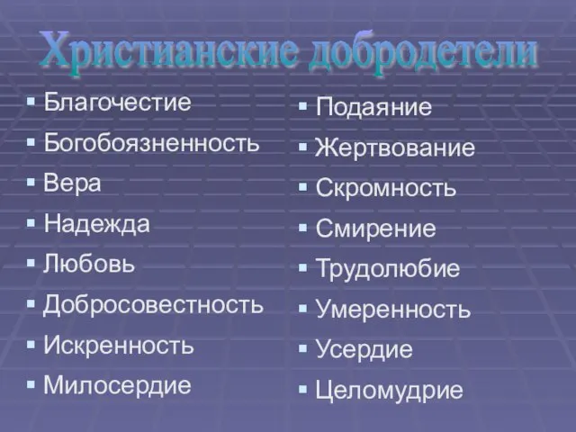 Благочестие Богобоязненность Вера Надежда Любовь Добросовестность Искренность Милосердие Подаяние Жертвование Скромность Смирение