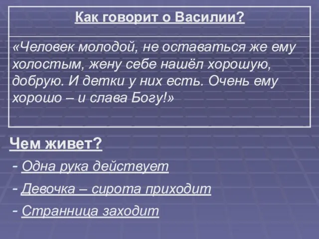 Чем живет? Одна рука действует Девочка – сирота приходит Странница заходит