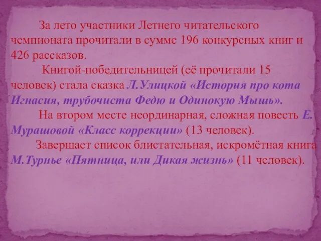 За лето участники Летнего читательского чемпионата прочитали в сумме 196 конкурсных книг