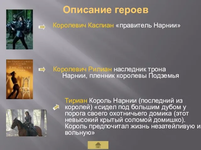 Королевич Каспиан «правитель Нарнии» Тириан Кoроль Нарнии (последний из королей) «сидел под