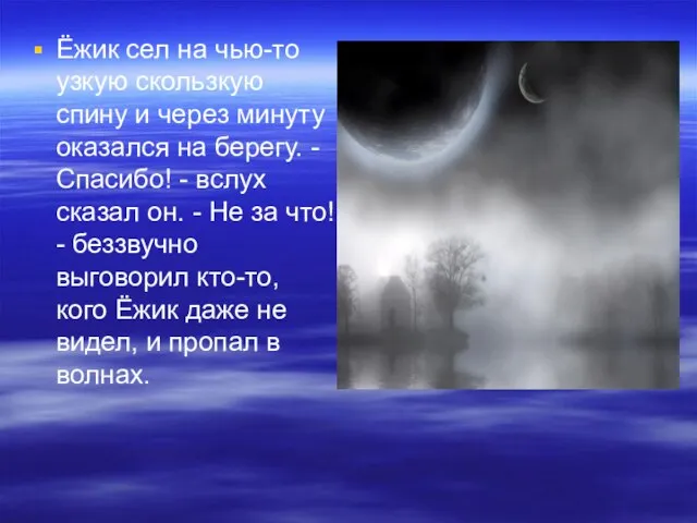 Ёжик сел на чью-то узкую скользкую спину и через минуту оказался на