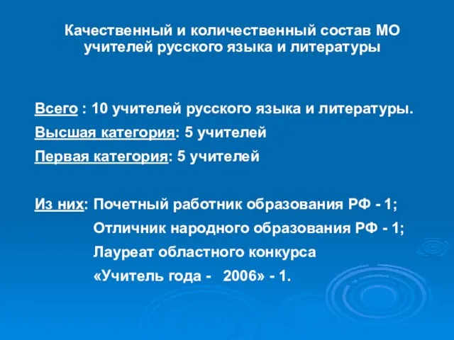 Качественный и количественный состав МО учителей русского языка и литературы Всего :