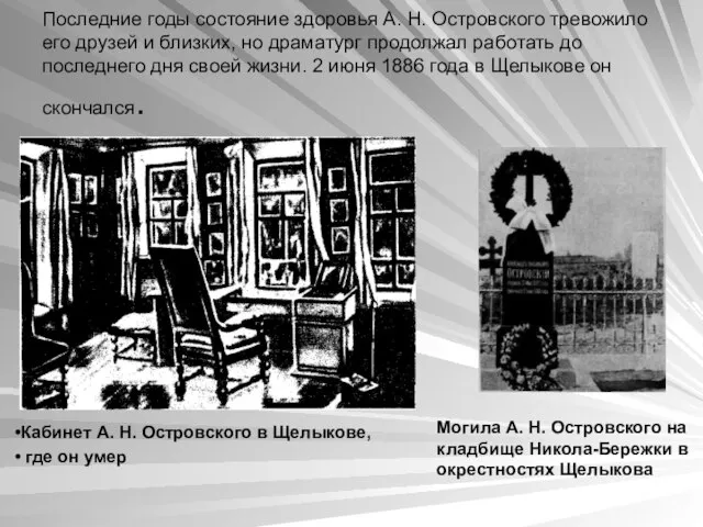 Последние годы состояние здоровья А. Н. Островского тревожило его друзей и близких,