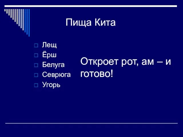 Пища Кита Лещ Ёрш Белуга Севрюга Угорь Откроет рот, ам – и готово!