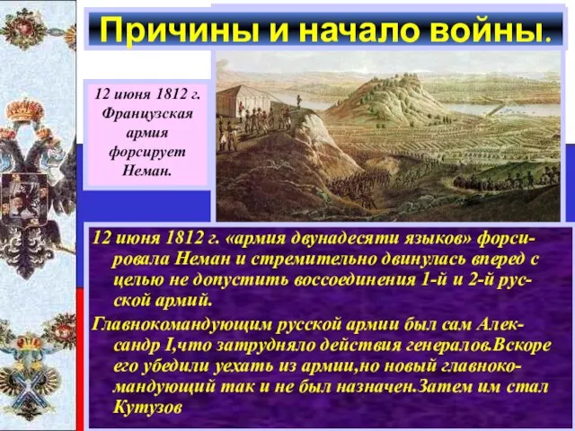 Причины и начало войны. 12 июня 1812 г. «армия двунадесяти языков» форси-ровала