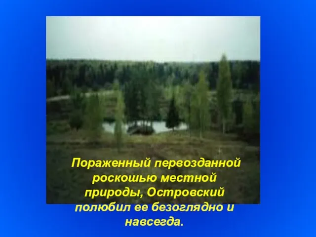 Пораженный первозданной роскошью местной природы, Островский полюбил ее безоглядно и навсегда.