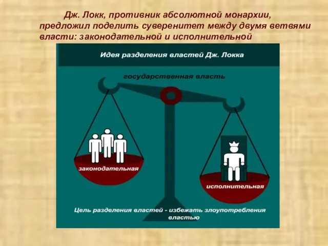 Дж. Локк, противник абсолютной монархии, предложил поделить суверенитет между двумя ветвями власти: законодательной и исполнительной