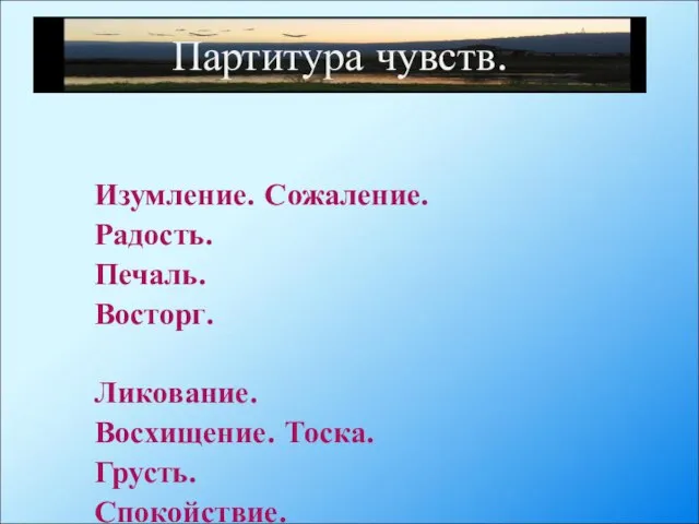 Партитура чувств. Изумление. Сожаление. Радость. Печаль. Восторг. Ликование. Восхищение. Тоска. Грусть. Спокойствие.