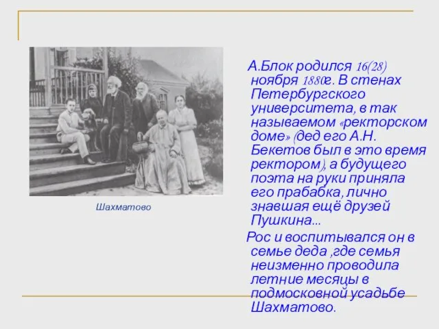 Шахматово А.Блок родился 16(28) ноября 1880г. В стенах Петербургского университета, в так