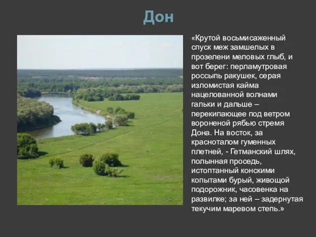 Дон «Крутой восьмисаженный спуск меж замшелых в прозелени меловых глыб, и вот