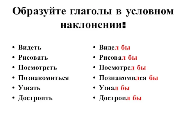 Образуйте глаголы в условном наклонении: Видеть Рисовать Посмотреть Познакомиться Узнать Достроить Видел