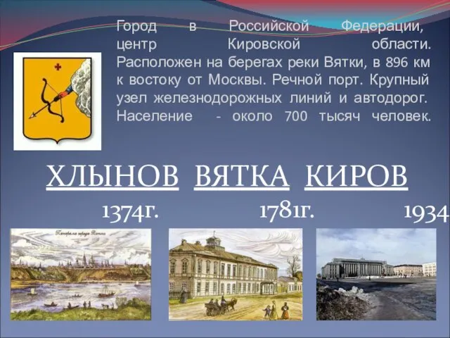 Город в Российской Федерации, центр Кировской области. Расположен на берегах реки Вятки,