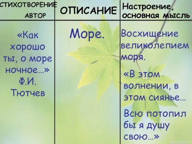 СТИХОТВОРЕНИЕ АВТОР ОПИСАНИЕ Настроение, основная мысль «Как хорошо ты, о море ночное…»