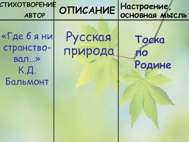 СТИХОТВОРЕНИЕ АВТОР ОПИСАНИЕ Настроение, основная мысль «Где б я ни странство-вал…» К.Д.