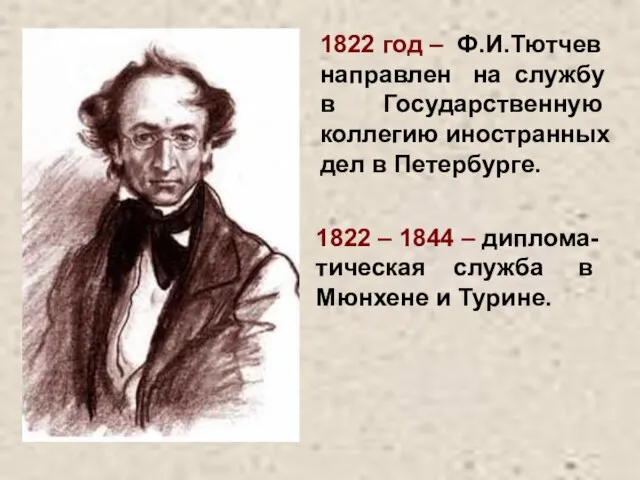 1822 год – Ф.И.Тютчев направлен на службу в Государственную коллегию иностранных дел