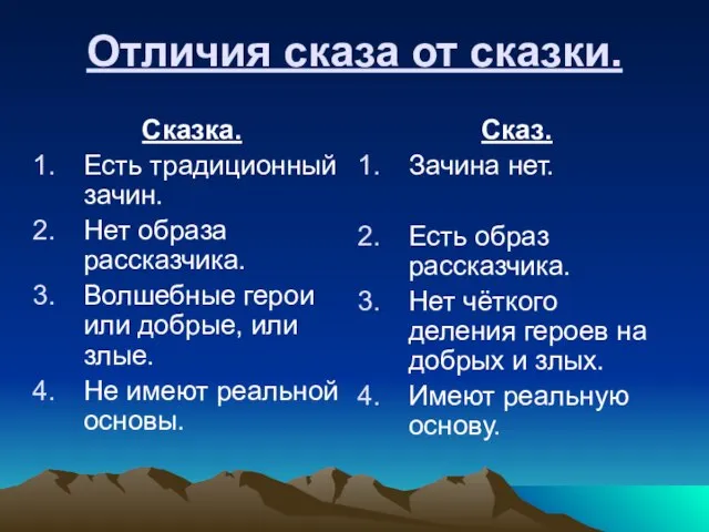 Отличия сказа от сказки. Сказка. Есть традиционный зачин. Нет образа рассказчика. Волшебные