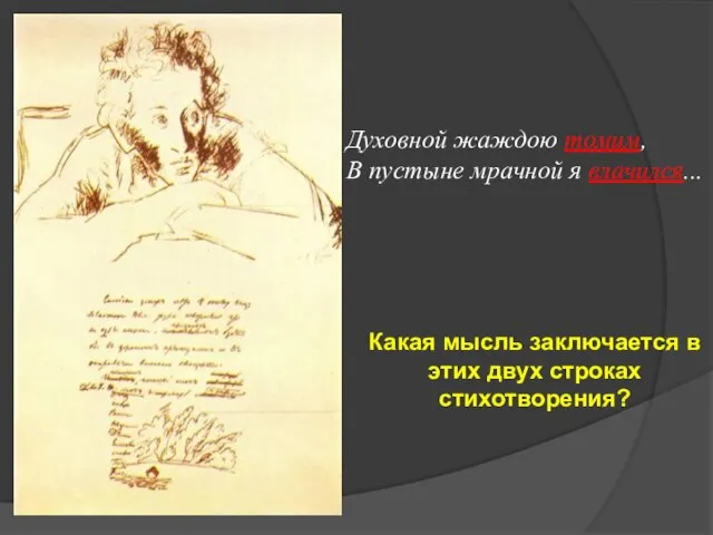 Духовной жаждою томим, В пустыне мрачной я влачился... Какая мысль заключается в этих двух строках стихотворения?