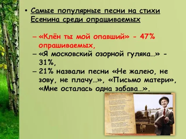 Самые популярные песни на стихи Есенина среди опрашиваемых «Клён ты мой опавший»