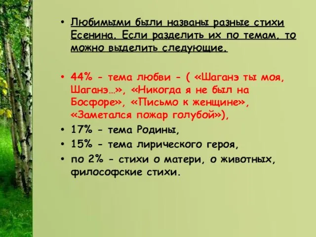 Любимыми были названы разные стихи Есенина. Если разделить их по темам, то