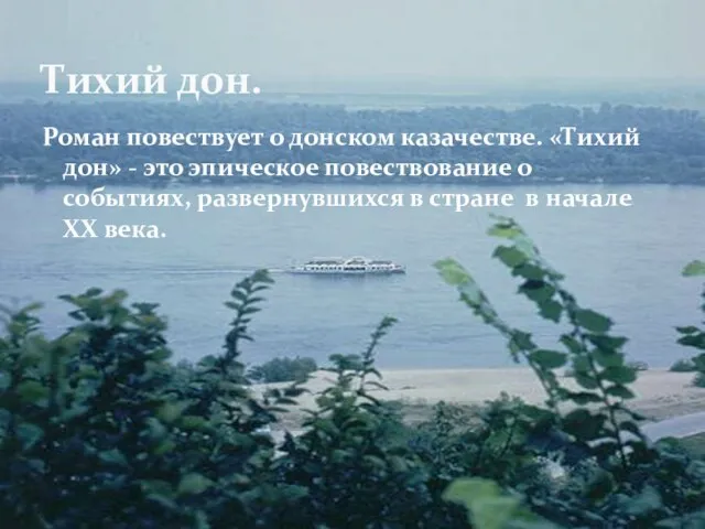 Роман повествует о донском казачестве. «Тихий дон» - это эпическое повествование о