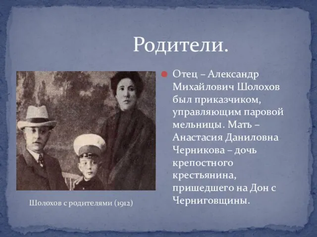 Родители. Отец – Александр Михайлович Шолохов был приказчиком, управляющим паровой мельницы. Мать