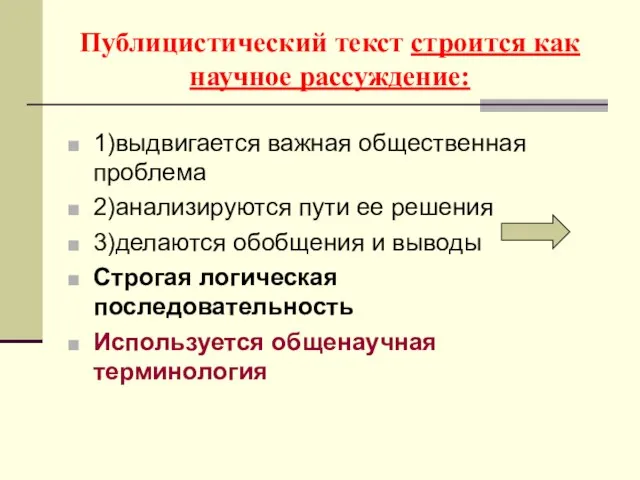 Публицистический текст строится как научное рассуждение: 1)выдвигается важная общественная проблема 2)анализируются пути