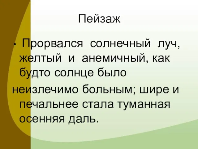 Пейзаж Прорвался солнечный луч, желтый и анемичный, как будто солнце было неизлечимо