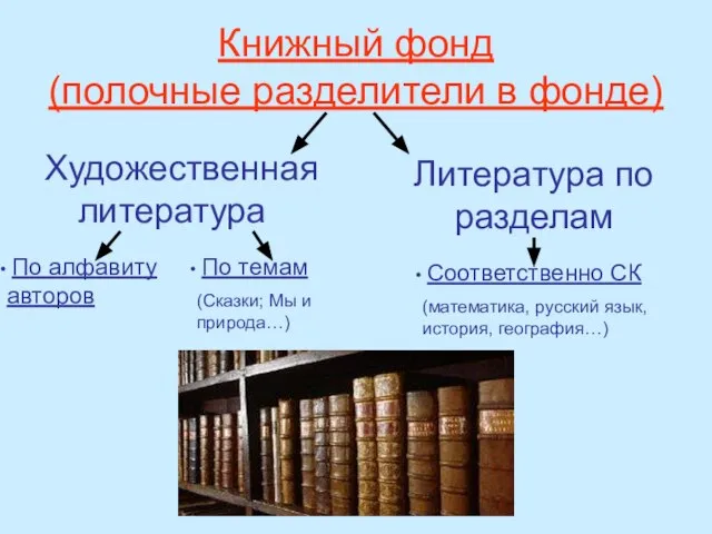 Книжный фонд (полочные разделители в фонде) Художественная литература Литература по разделам По