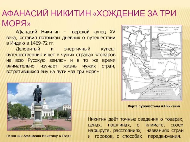 АФАНАСИЙ НИКИТИН «ХОЖДЕНИЕ ЗА ТРИ МОРЯ» Памятник Афанасию Никитину в Твери Афанасий