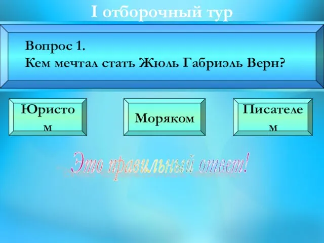 I oтборочный тур Вопрос 1. Кем мечтал стать Жюль Габриэль Верн? Юристом