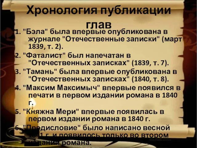 Хронология публикации глав 1. "Бэла" была впервые опубликована в журнале "Отечественные записки"