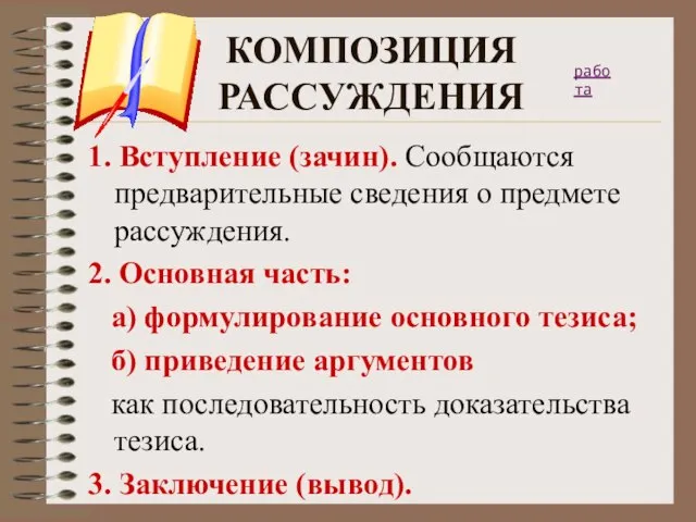 КОМПОЗИЦИЯ РАССУЖДЕНИЯ 1. Вступление (зачин). Сообщаются предварительные сведения о предмете рассуждения. 2.