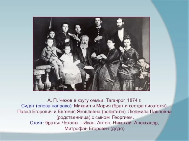А. П. Чехов в кругу семьи. Таганрог, 1874 г. Сидят (слева направо):
