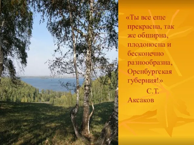 «Ты все еще прекрасна, так же обширна, плодоносна и бесконечно разнообразна, Оренбургская губерния!» С.Т.Аксаков