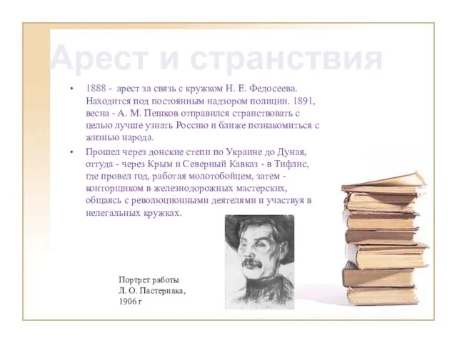 1888 - арест за связь с кружком Н. Е. Федосеева. Находится под