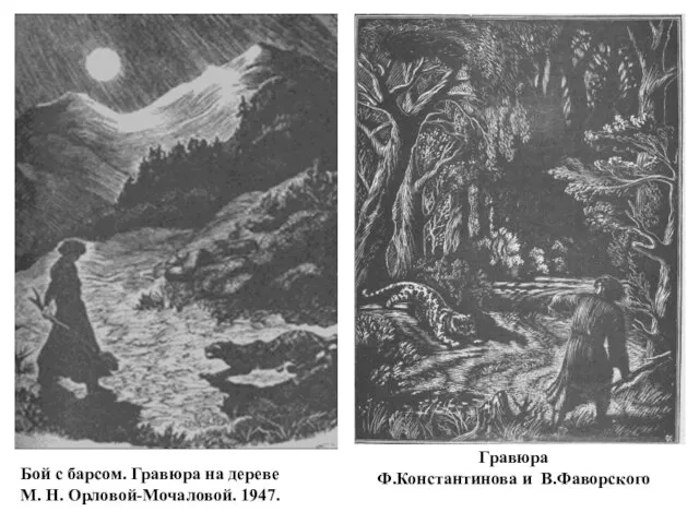 Гравюра Ф.Константинова и В.Фаворского Бой с барсом. Гравюра на дереве М. Н. Орловой-Мочаловой. 1947.