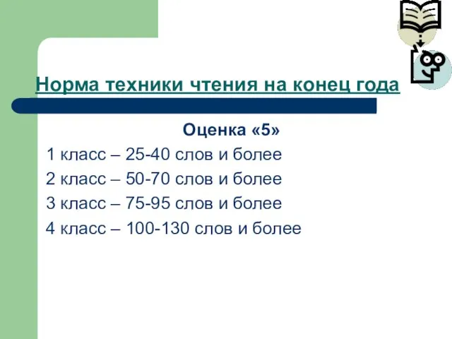 Норма техники чтения на конец года Оценка «5» 1 класс – 25-40