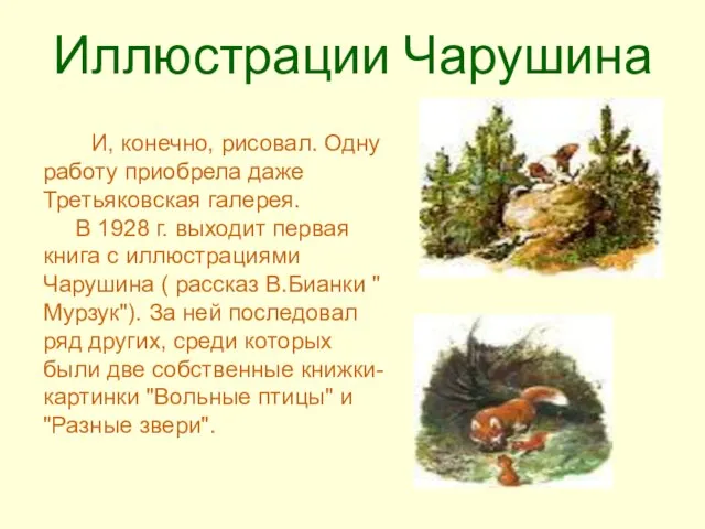 Иллюстрации Чарушина И, конечно, рисовал. Одну работу приобрела даже Третьяковская галерея. В