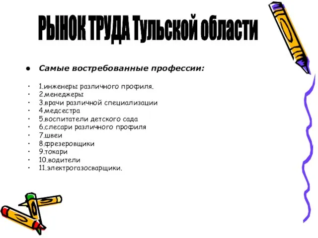 Самые востребованные профессии: 1.инженеры различного профиля. 2.менеджеры 3.врачи различной специализации 4.медсестра 5.воспитатели