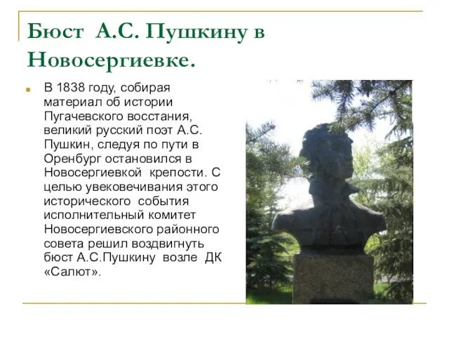 Бюст А.С. Пушкину в Новосергиевке. В 1838 году, собирая материал об истории