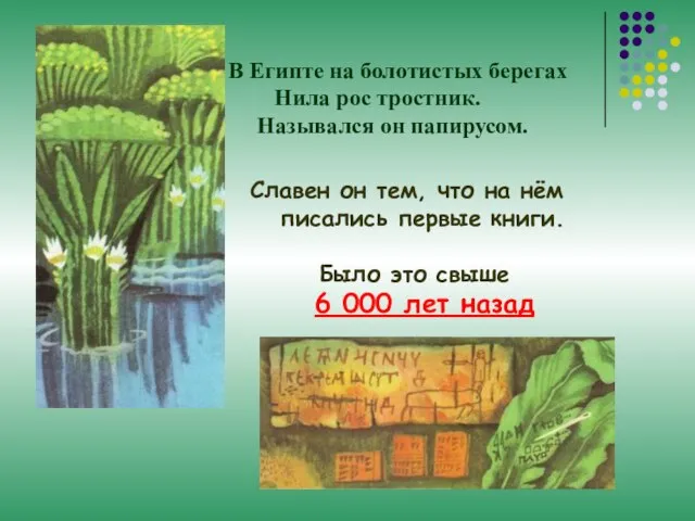 В Египте на болотистых берегах Нила рос тростник. Назывался он папирусом. Славен